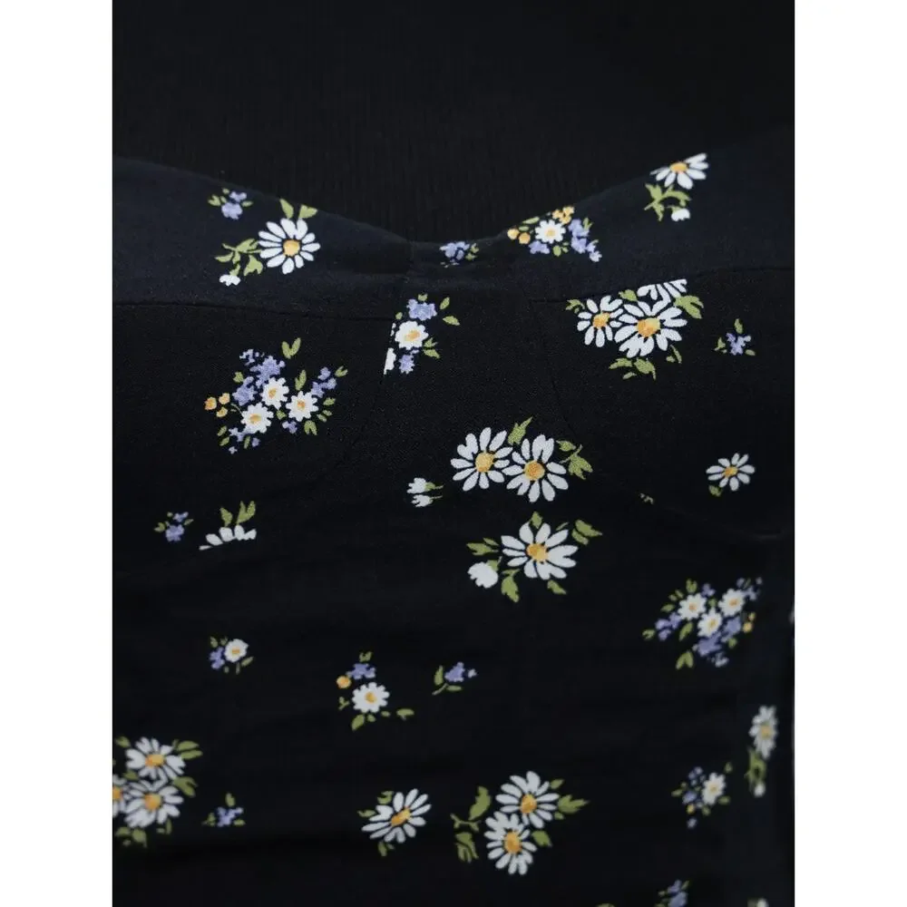 Romantic French Girl Black Ditsy Floral Print Reformation Puff Sleeve Top Size 4